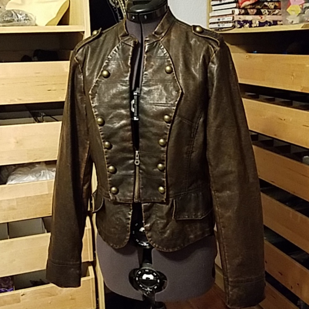 Brown pleather jacket with button details